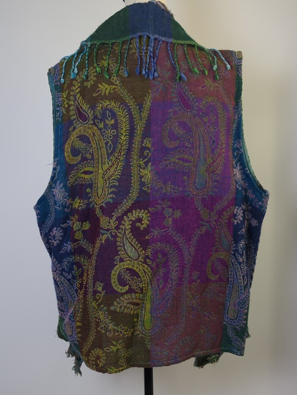 Anu by Natural 100% Wool Paisley Patchwork Beaded Boho Draped Vest Green Blue XL - Picture 9 of 16